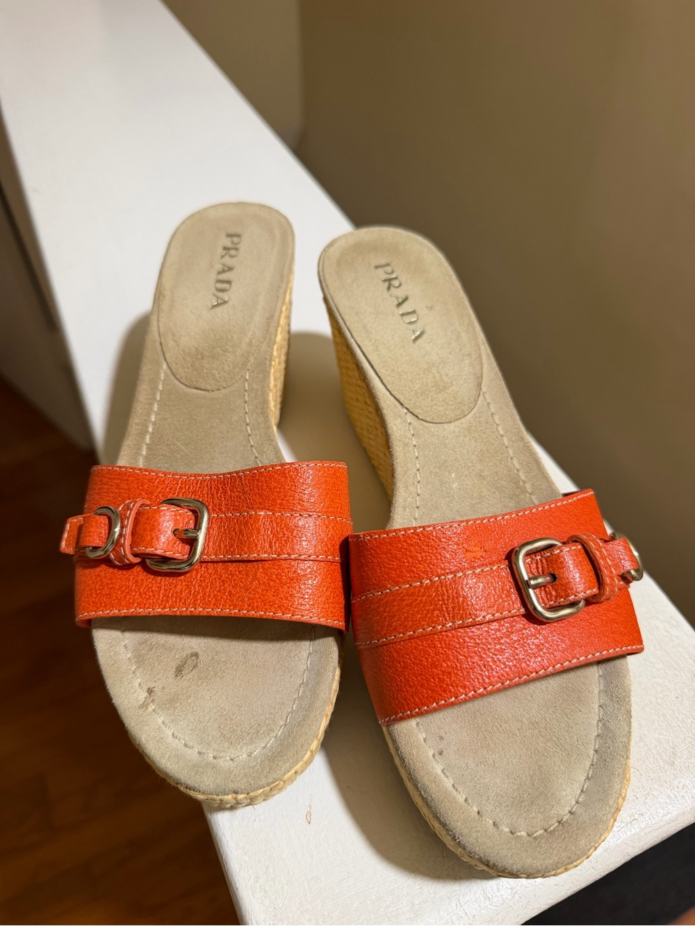 Prada Orange Leather Buckle Slide Mules